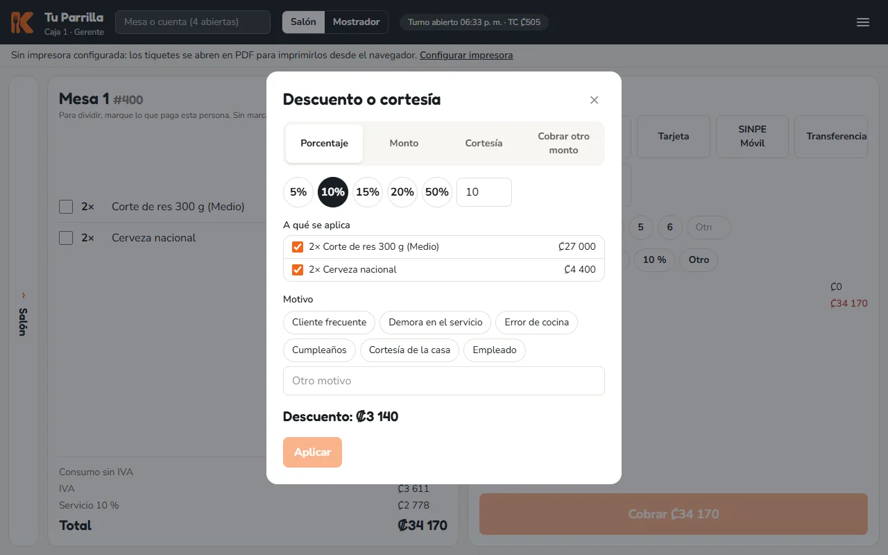 Pantalla: «% Descuento» abre las opciones