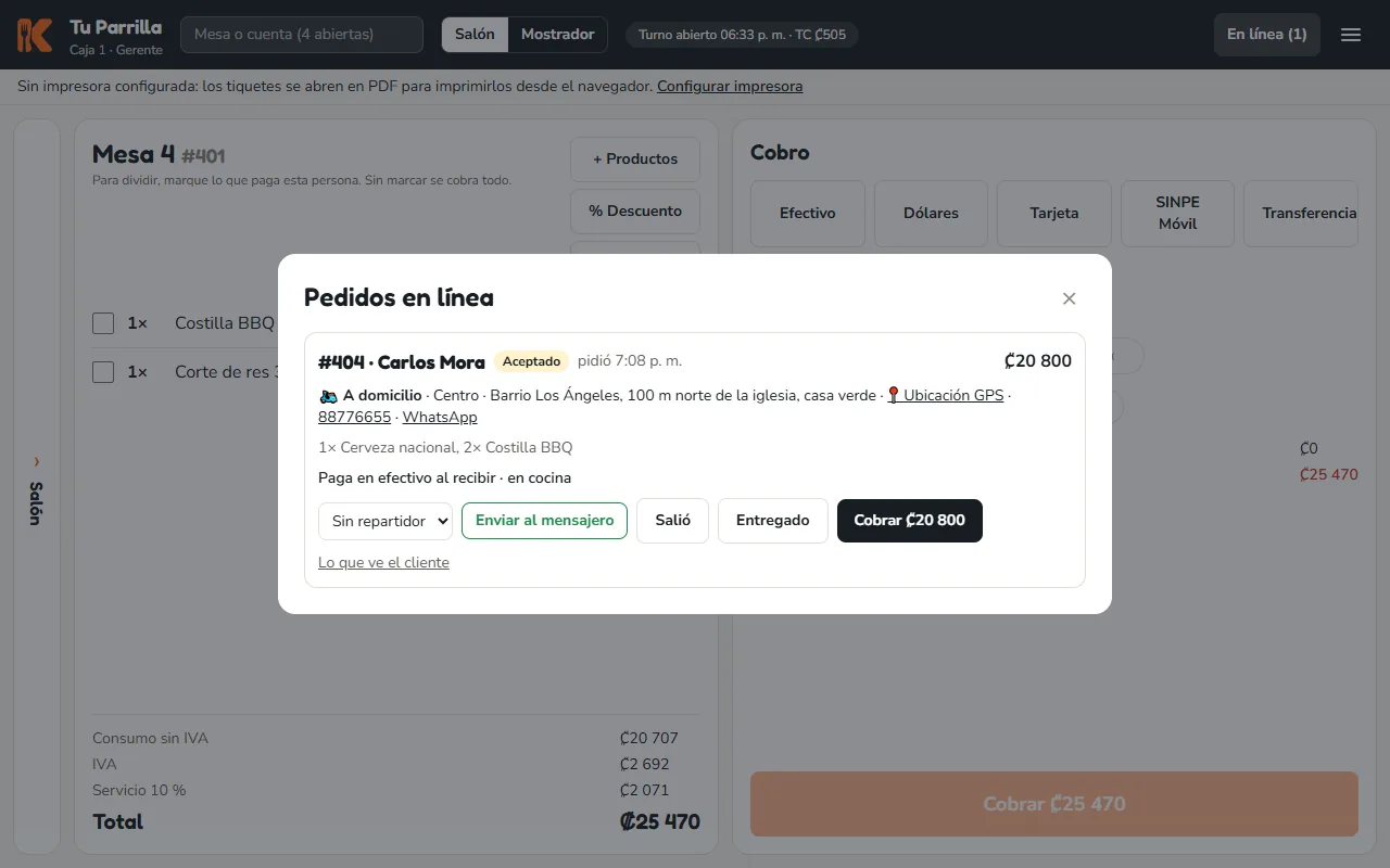 Pantalla: Escoja el repartidor (o use «Enviar al mensajero» para mandarle el pedido por WhatsApp)