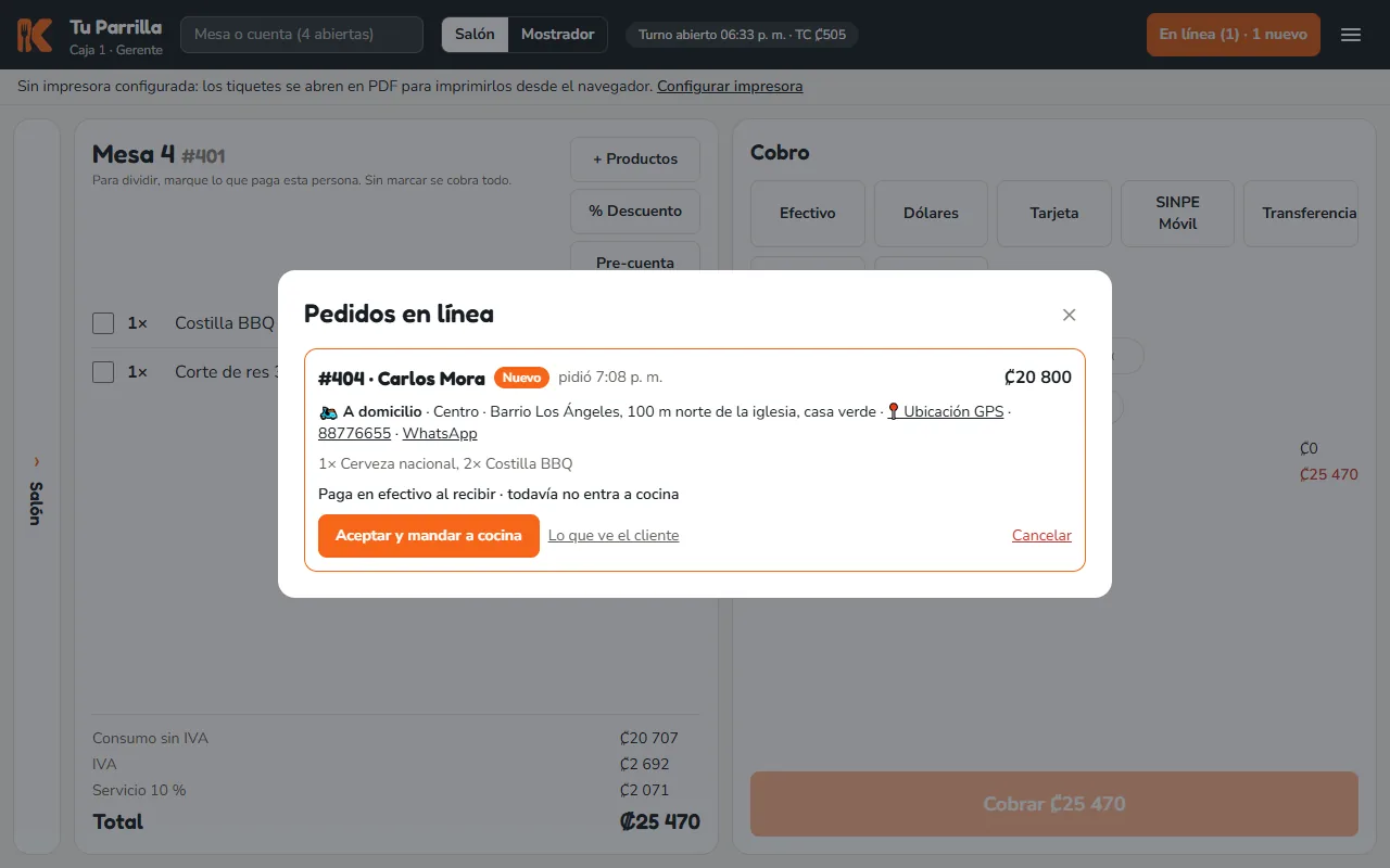Pantalla: El botón «En línea» aparece arriba y suena cuando entra un pedido por internet