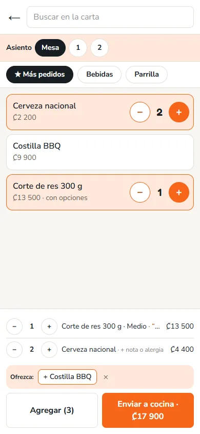 Pantalla: Cada toque suma uno; con − y + ajusta la cantidad