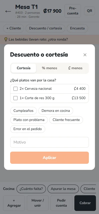 Pantalla: «Descuento / cortesía»
