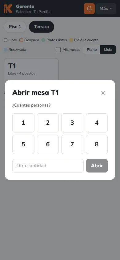 Pantalla: Toque una mesa libre y escoja cuántas personas son